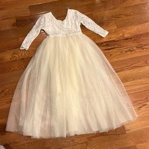 Flower girl dress cream and off-white crochet lace and tulle